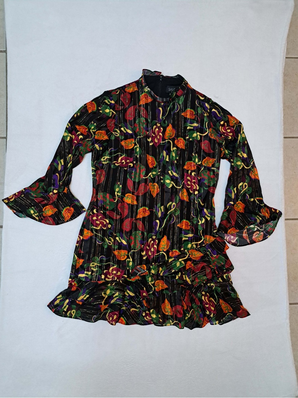 Saloni Silk Black Floral Mini Dress - Women's size 10